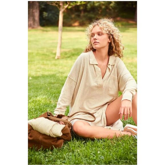 FREE PEOPLE Dana Cashmere Wool Luxe Ivory Beige Slit Polo Midi Sweater Dress XS - Picture 5 of 16